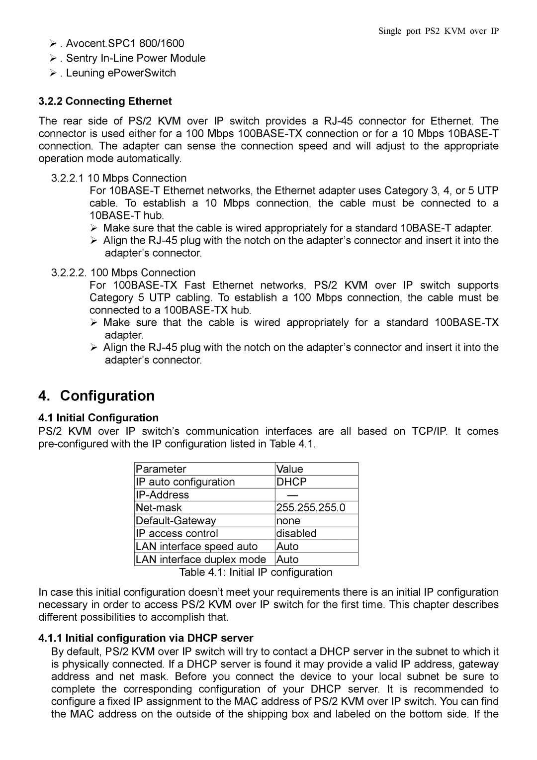 Avocent PS/2 KVM manual Connecting Ethernet, Initial Configuration, Initial configuration via Dhcp server 