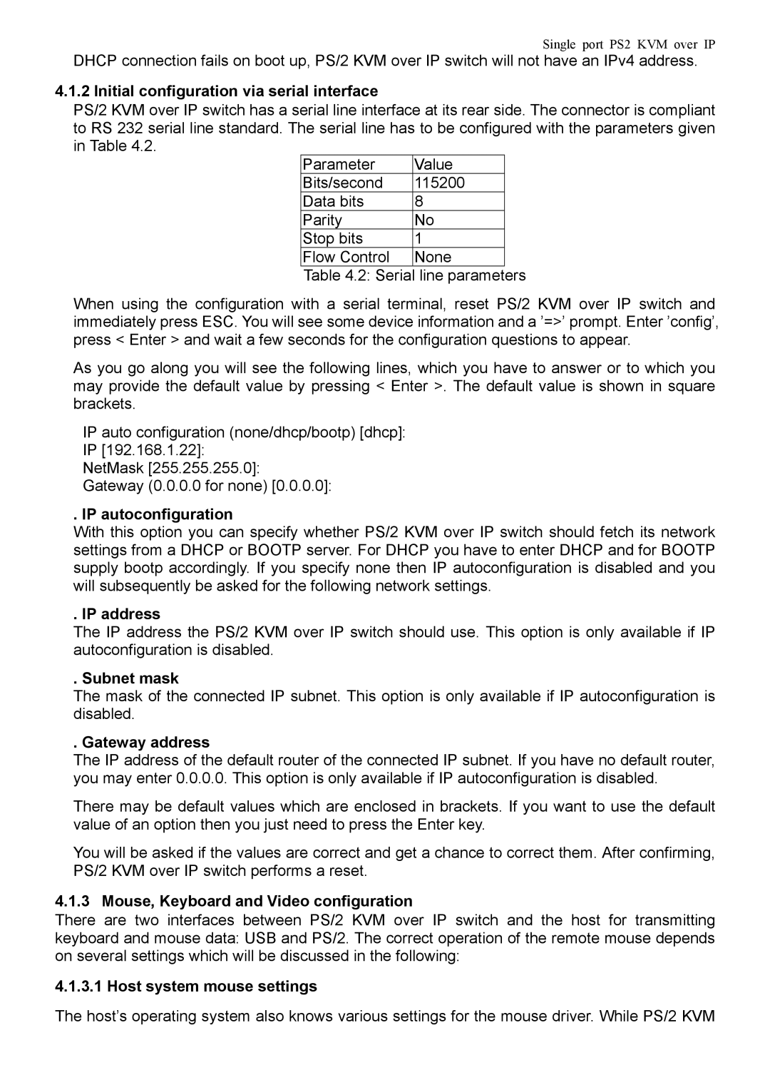 Avocent PS/2 KVM manual Initial configuration via serial interface, IP autoconfiguration, IP address, Subnet mask 