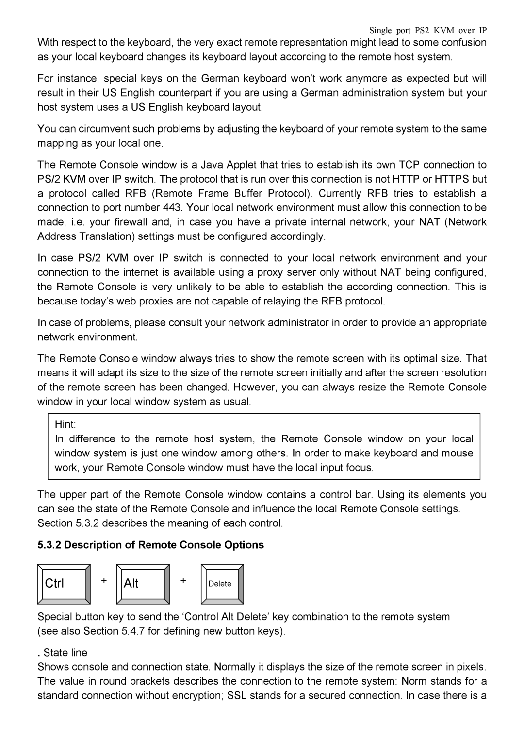 Avocent PS/2 KVM manual Ctrl Alt, Description of Remote Console Options 