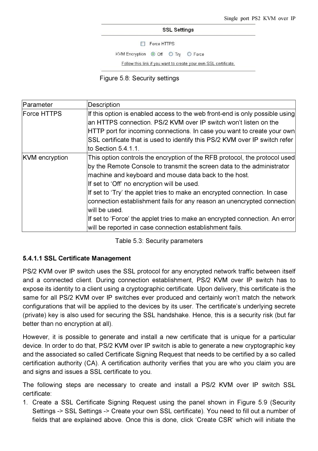 Avocent PS/2 KVM manual Security settings, SSL Certificate Management 