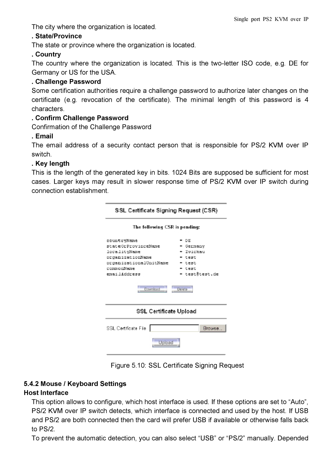 Avocent PS/2 KVM manual State/Province, Country, Challenge Password, Key length, Mouse / Keyboard Settings Host Interface 