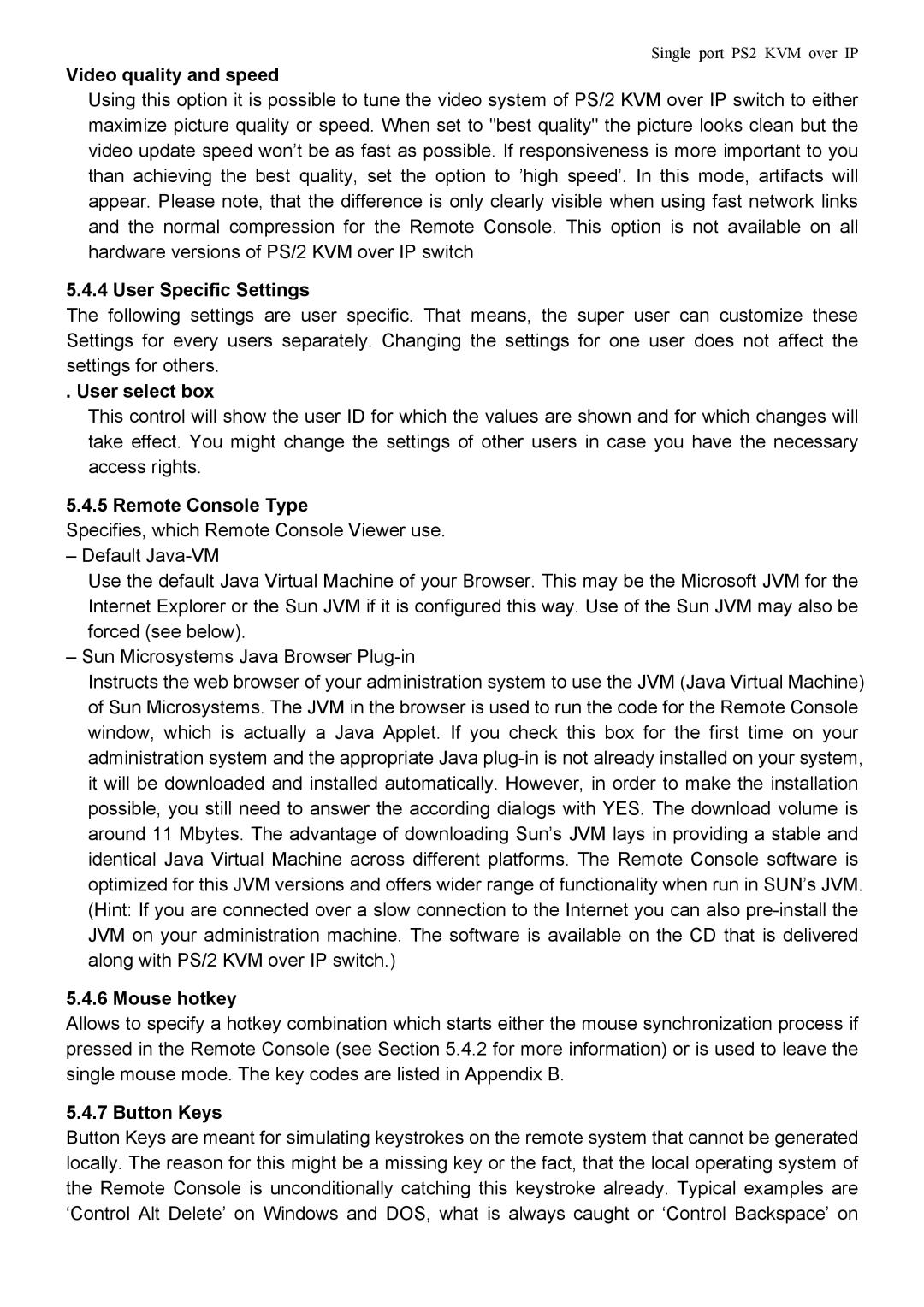 Avocent PS/2 KVM manual Video quality and speed, User Specific Settings, User select box, Remote Console Type, Mouse hotkey 