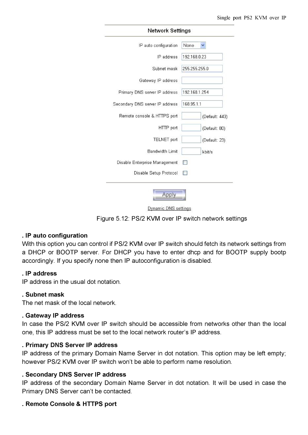 Avocent PS/2 KVM IP auto configuration, Gateway IP address, Primary DNS Server IP address, Secondary DNS Server IP address 