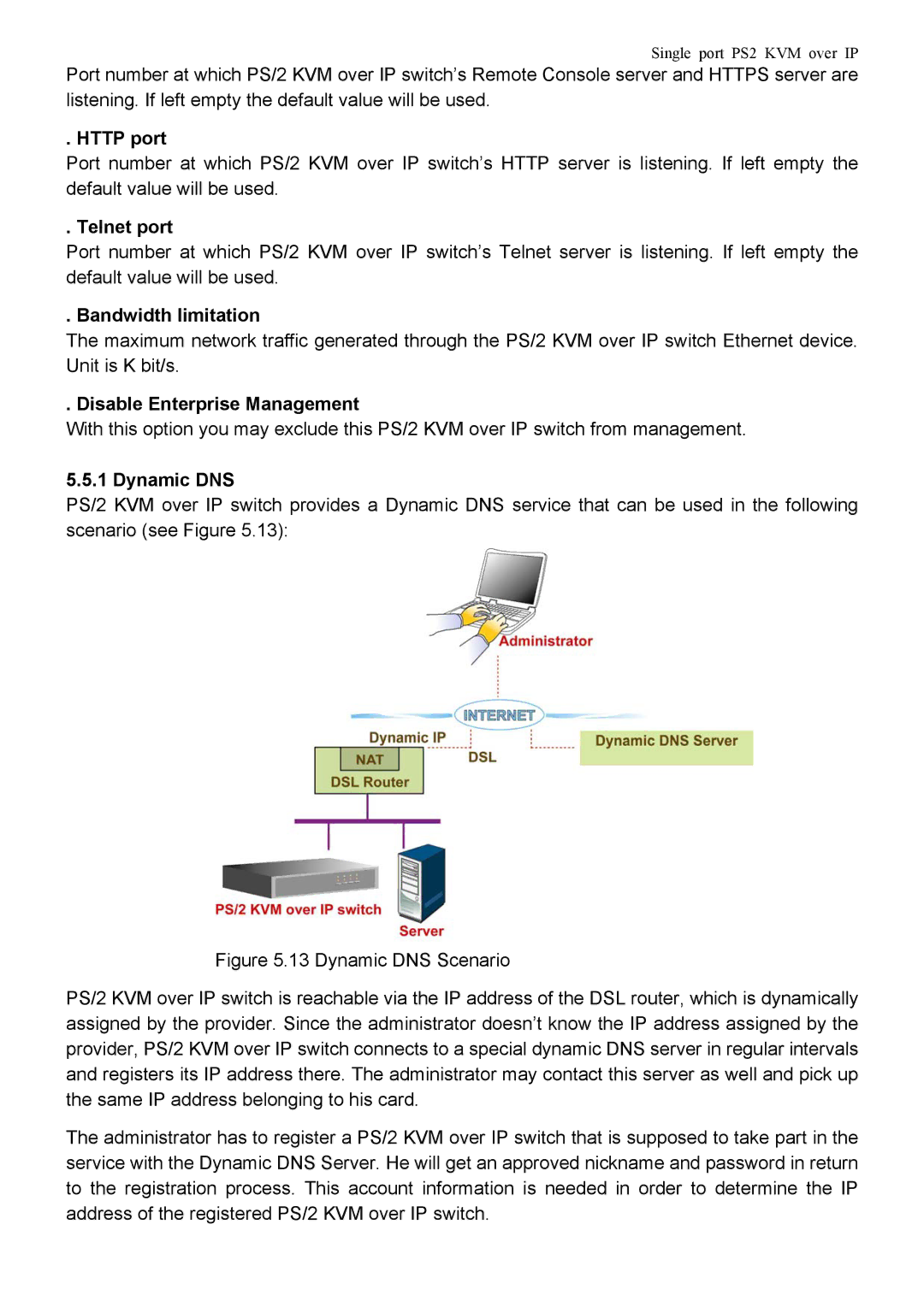 Avocent PS/2 KVM manual Http port, Telnet port, Bandwidth limitation, Disable Enterprise Management, Dynamic DNS 