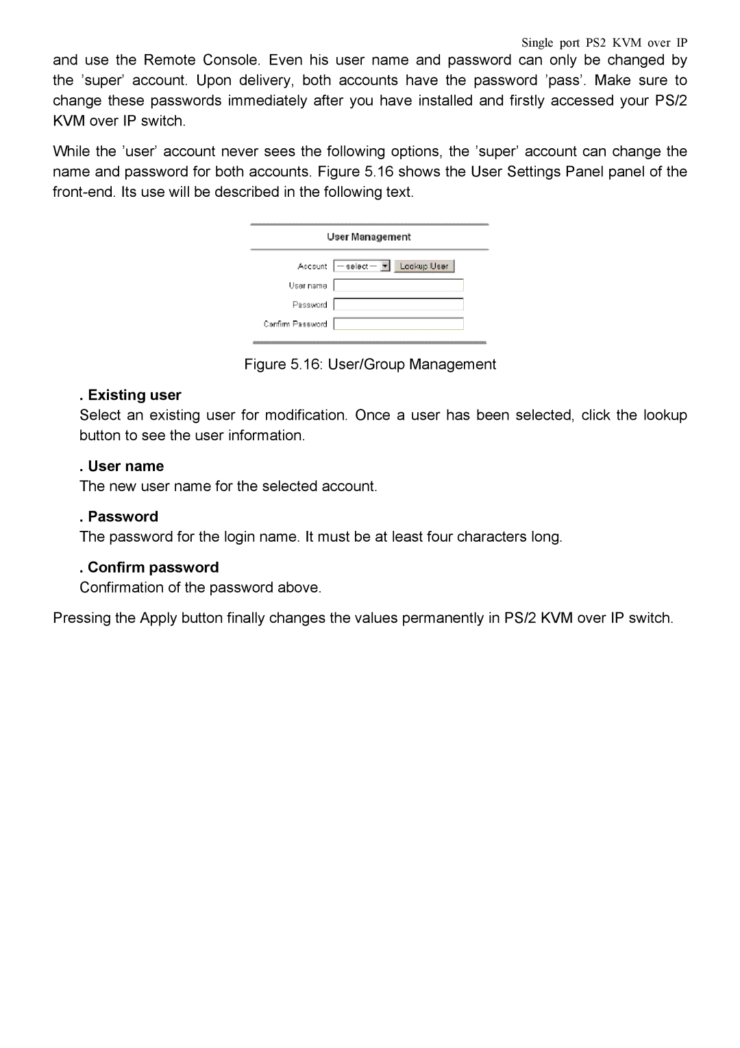 Avocent PS/2 KVM manual Existing user, User name, Password, Confirm password 