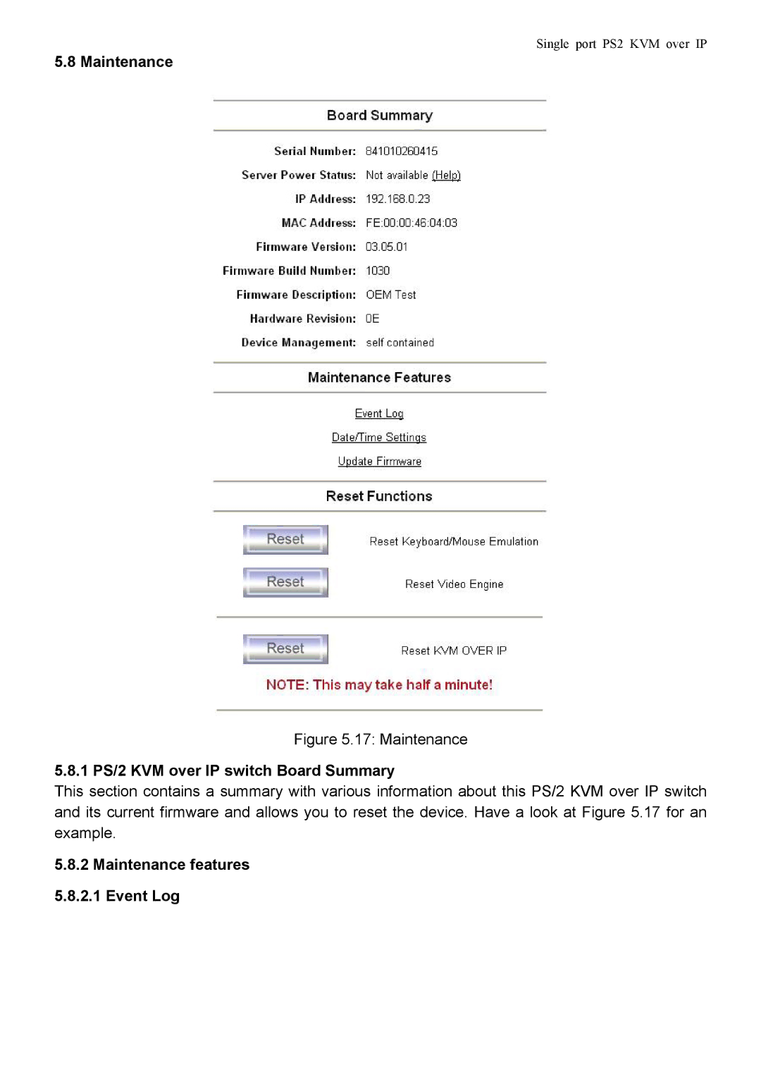 Avocent manual 1 PS/2 KVM over IP switch Board Summary, Maintenance features 5.8.2.1 Event Log 