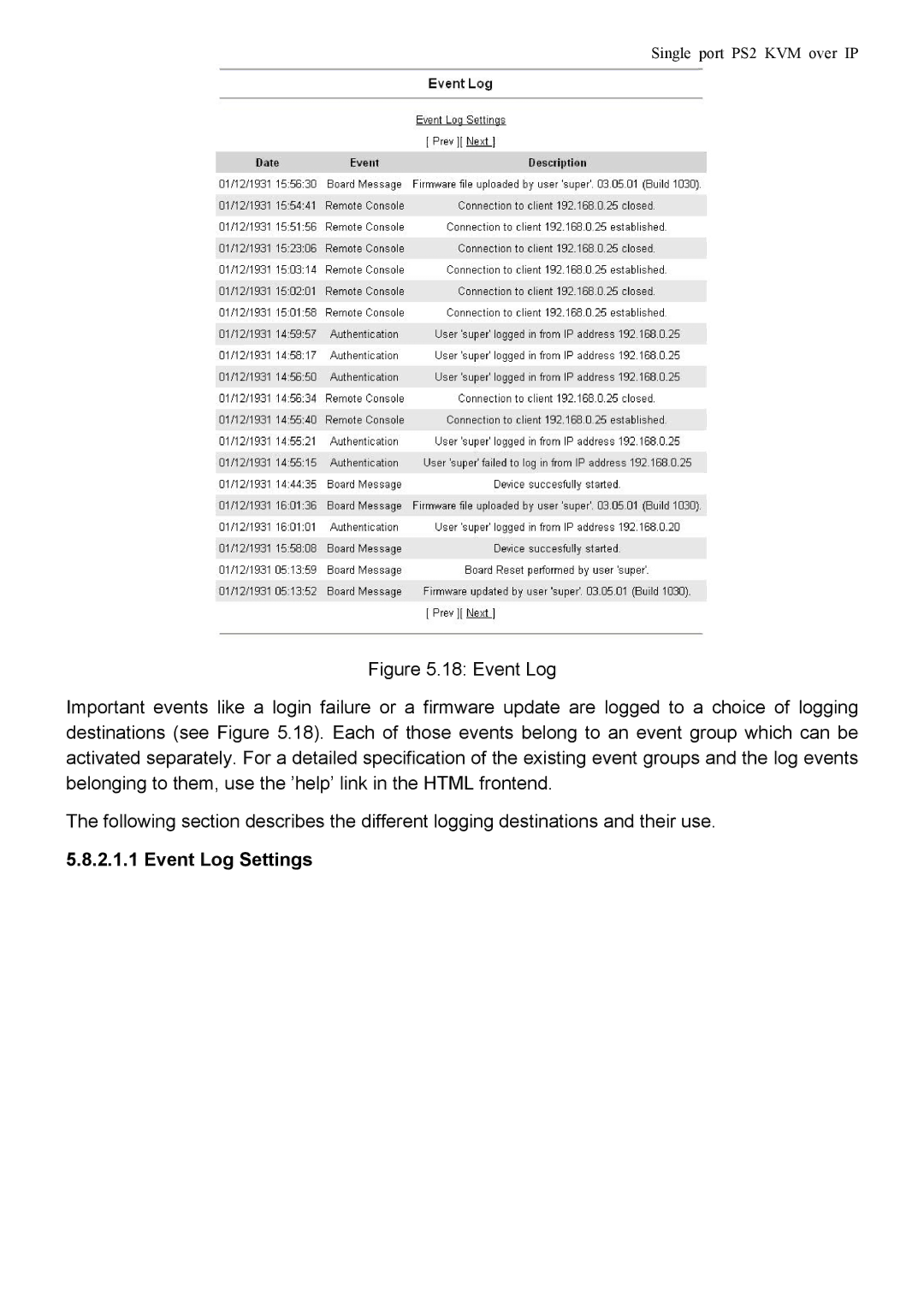 Avocent PS/2 KVM manual Event Log Settings 