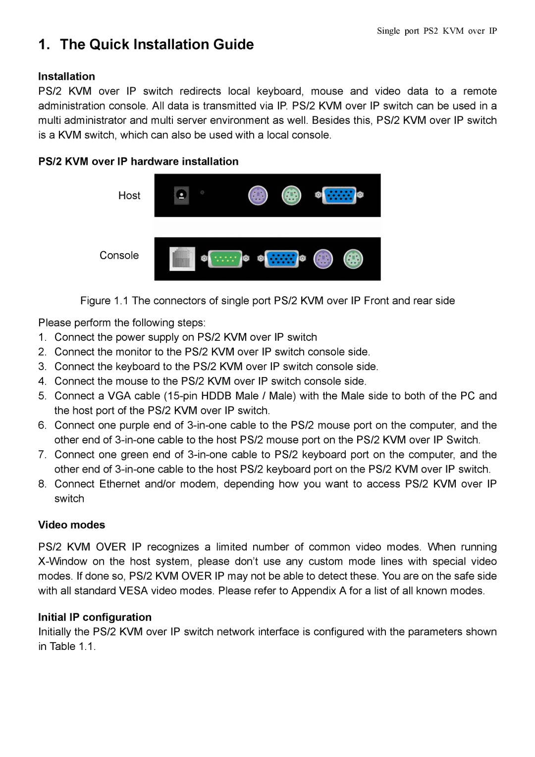 Avocent manual Quick Installation Guide, PS/2 KVM over IP hardware installation, Video modes, Initial IP configuration 