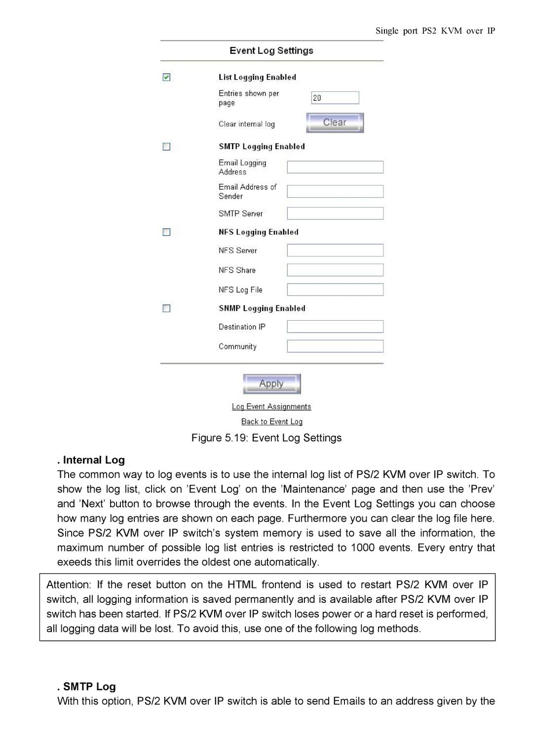 Avocent PS/2 KVM manual Internal Log, Smtp Log 