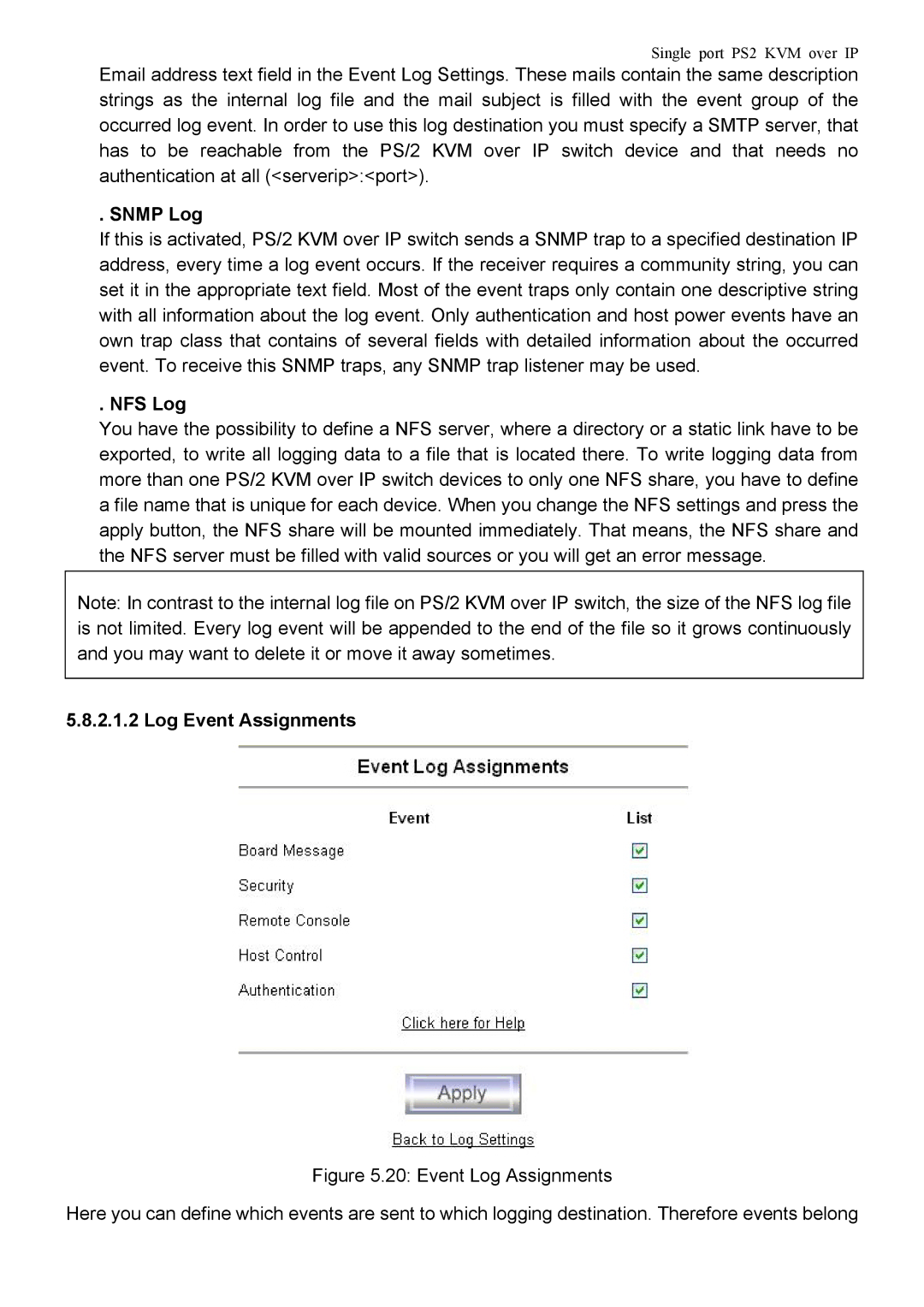 Avocent PS/2 KVM manual Snmp Log, NFS Log, Log Event Assignments 