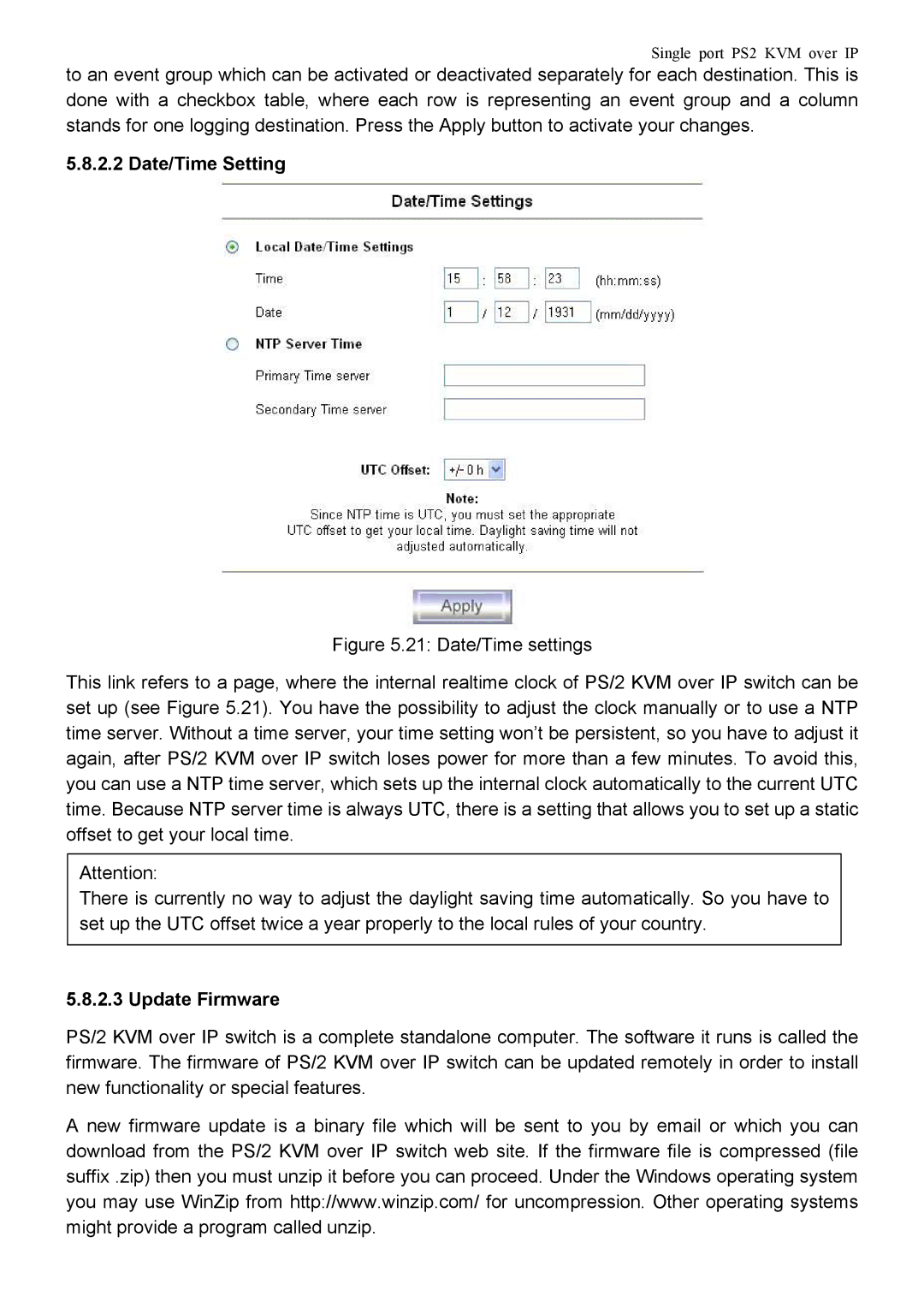 Avocent PS/2 KVM manual Date/Time Setting, Update Firmware 