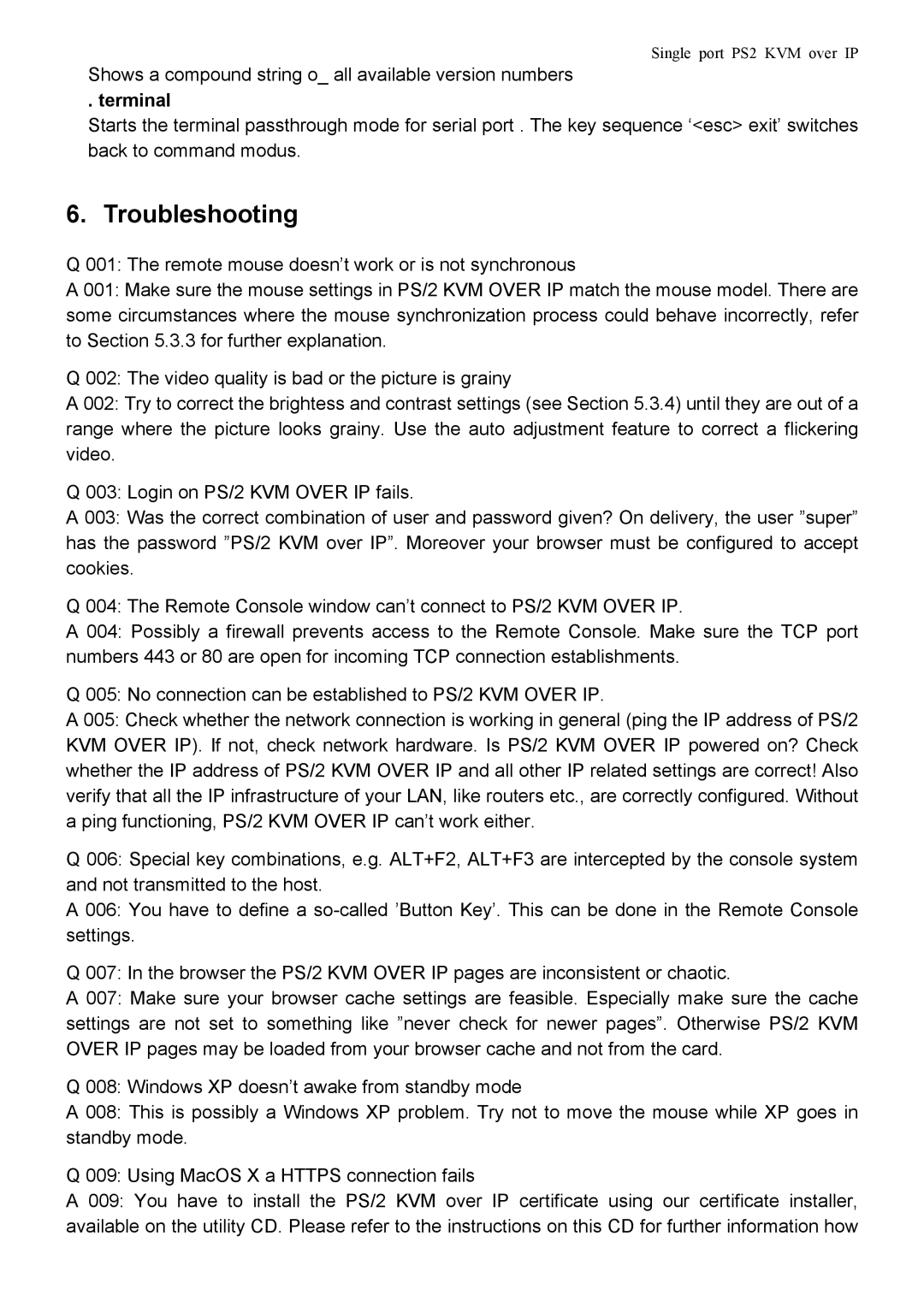 Avocent PS/2 KVM manual Troubleshooting, Terminal 