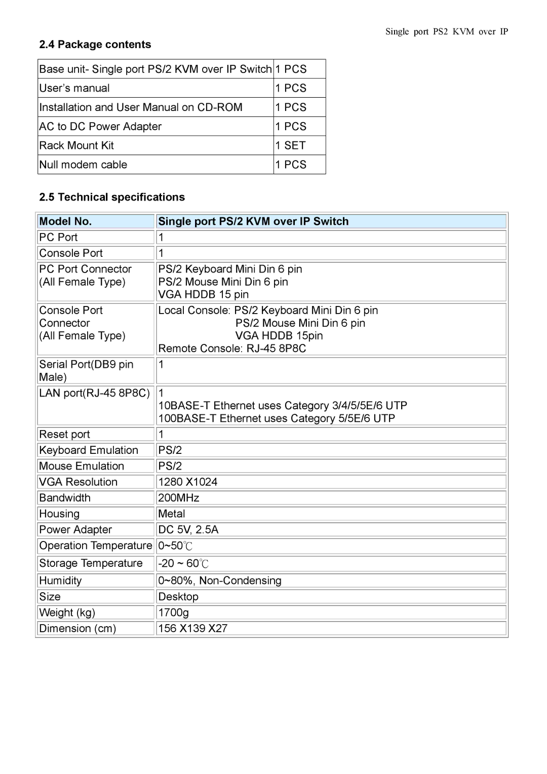 Avocent manual Package contents, Technical specifications Model No, Single port PS/2 KVM over IP Switch 