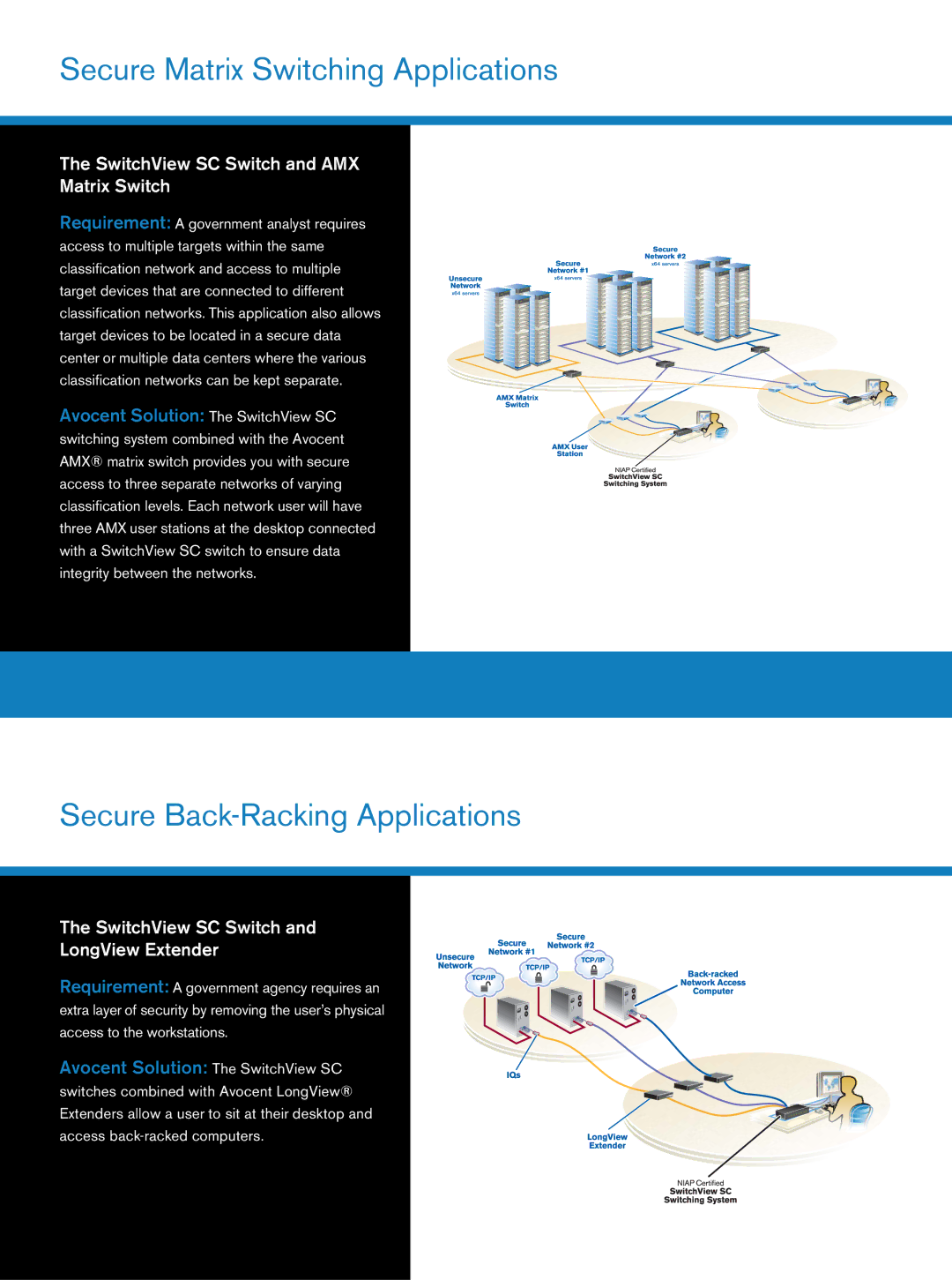 Avocent SC200 Series manual Secure Matrix Switching Applications, Secure Back-Racking Applications 