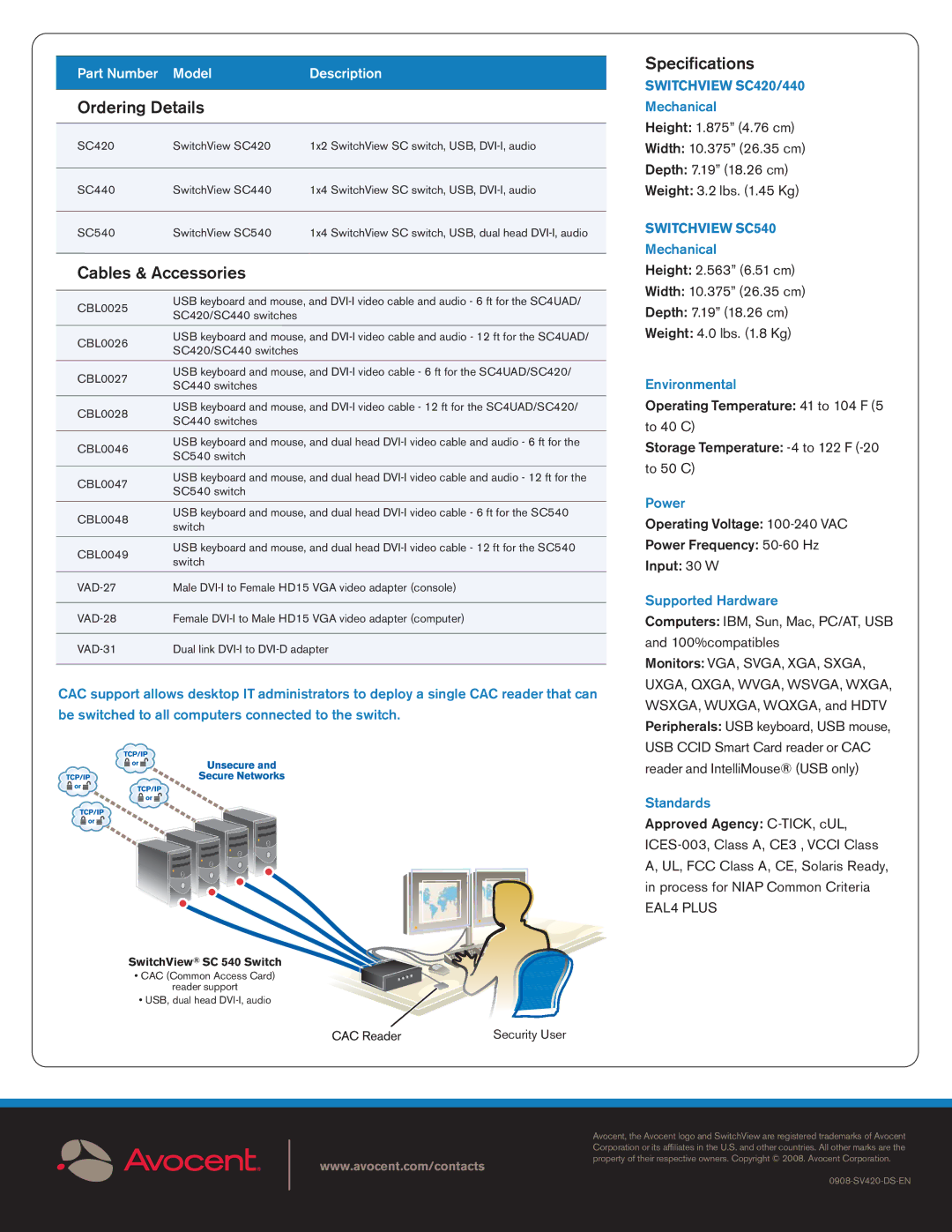 Avocent SC440 manual Ordering Details, Cables & Accessories, Speciﬁcations, Switchview SC420/440, Switchview SC540 