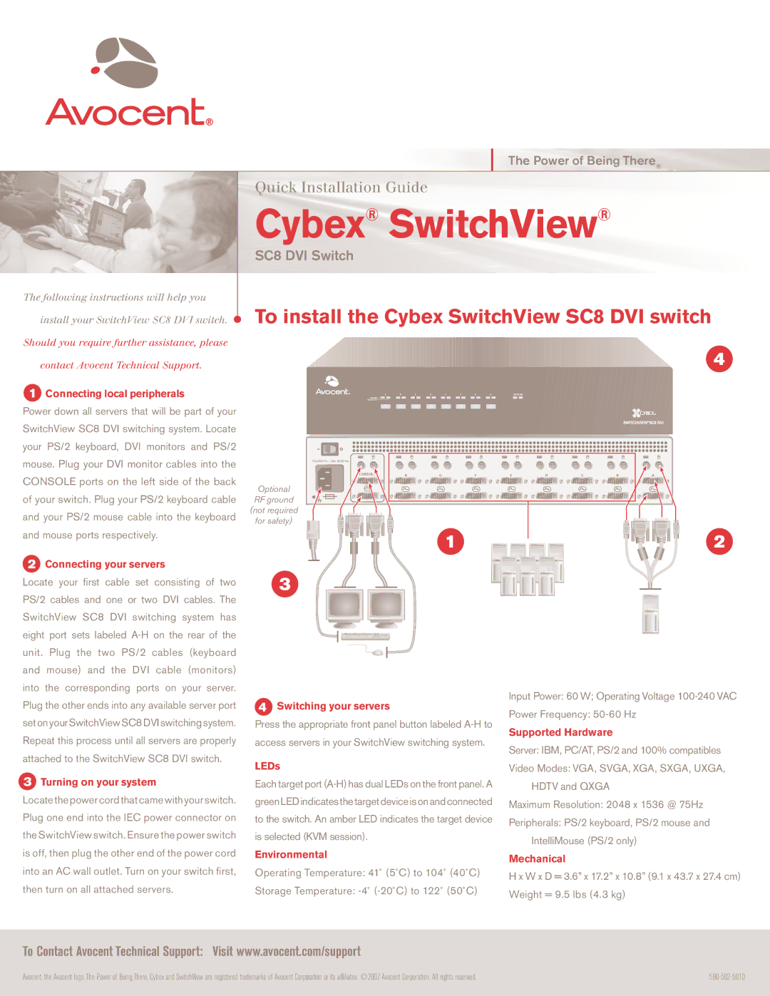 Avocent SC8 DVI manual Connecting local peripherals, Connecting your servers, Turning on your system, LEDs, Environmental 