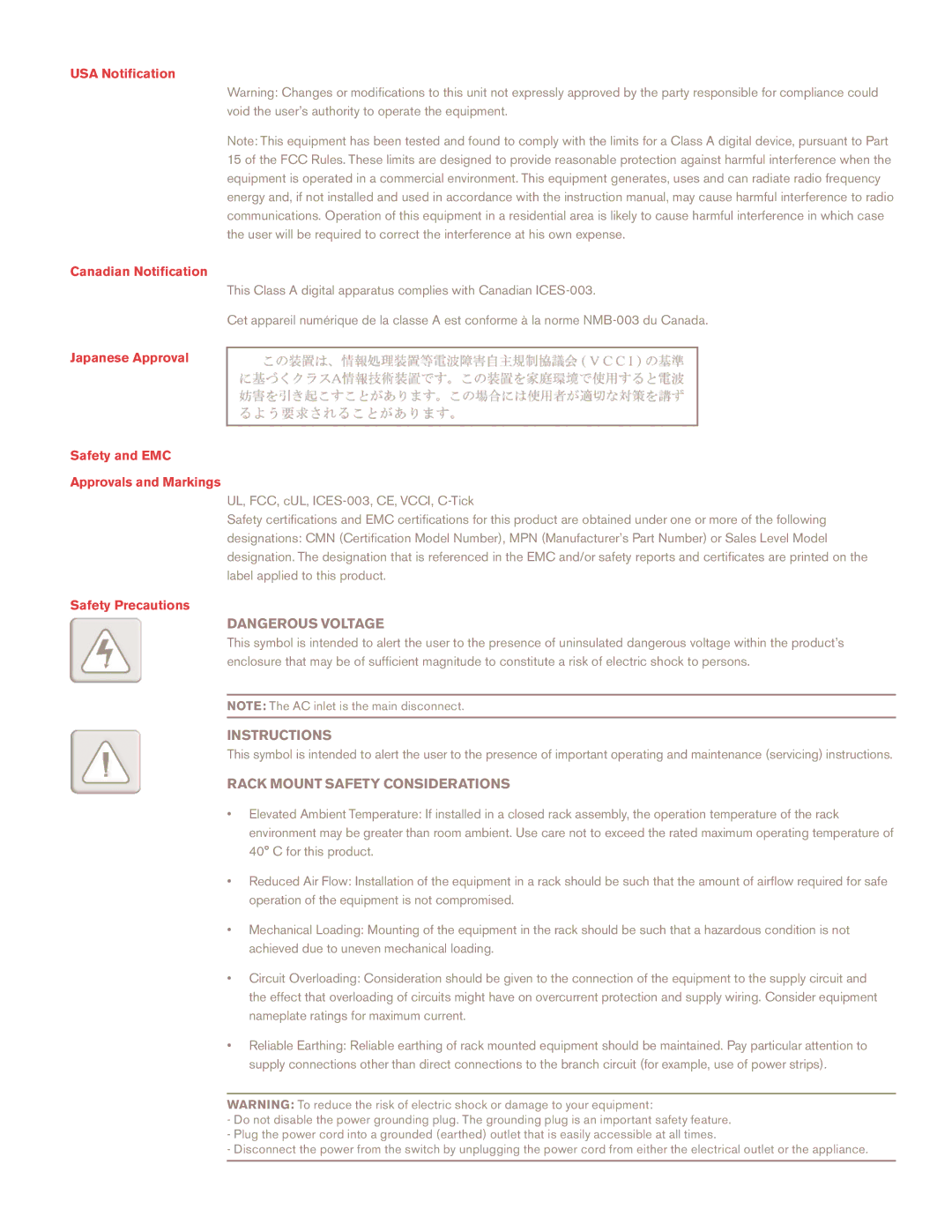 Avocent SC8 DVI Instructions, Rack Mount Safety Considerations, USA Notification Canadian Notification, Safety Precautions 