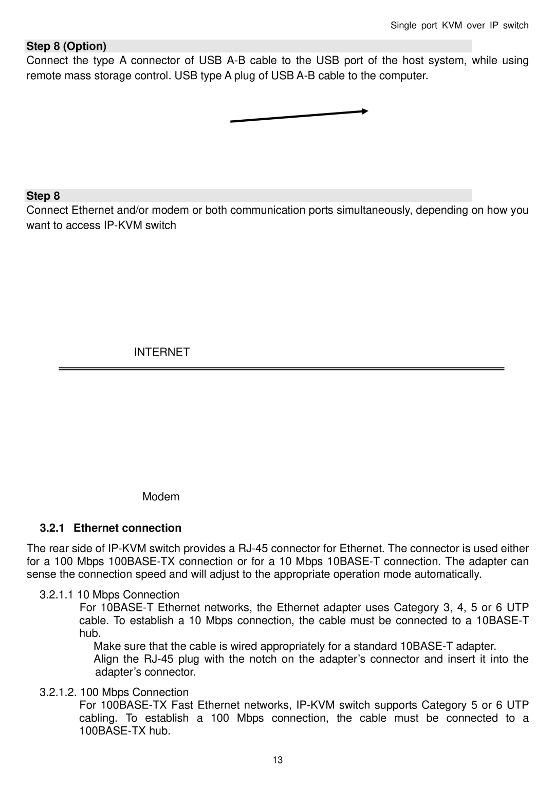 Avocent Single port KVM over IP switch user manual Option, Ethernet connection 