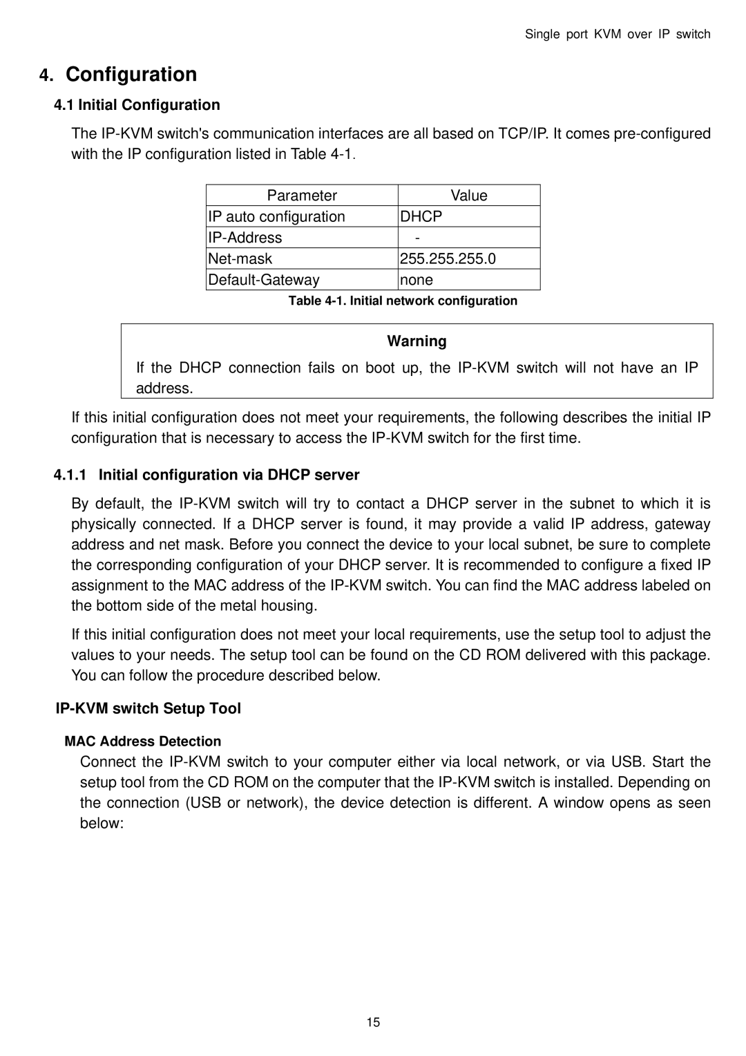 Avocent Single port KVM over IP switch user manual Initial Configuration, Initial configuration via Dhcp server 