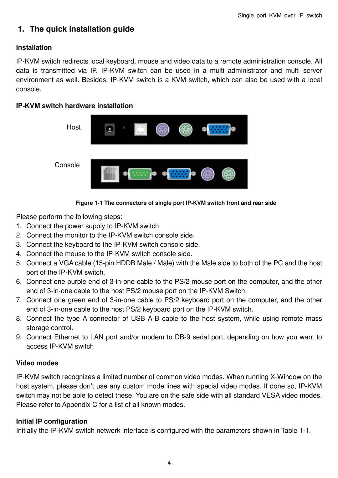 Avocent Single port KVM over IP switch user manual Installation, IP-KVM switch hardware installation, Video modes 