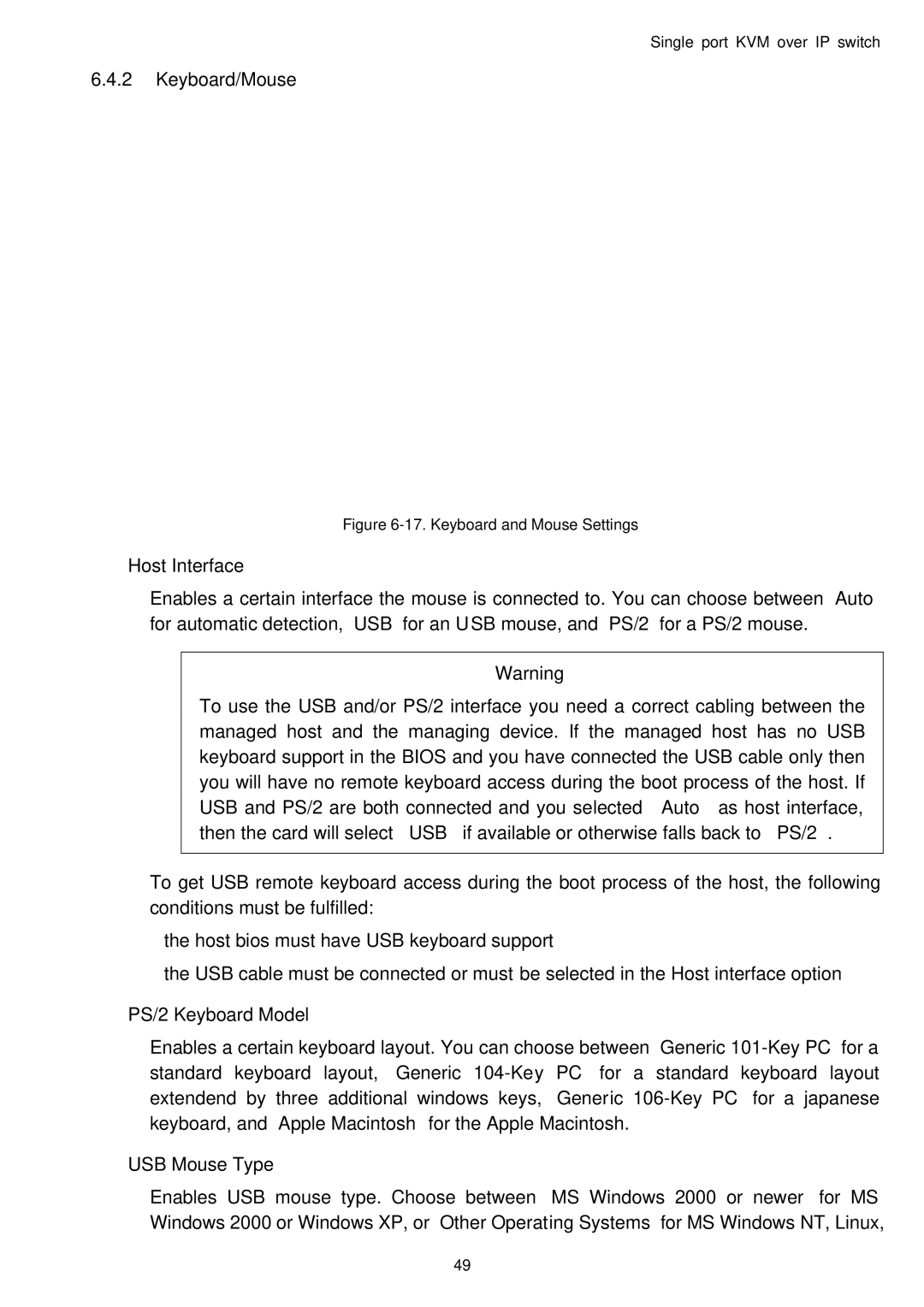 Avocent Single port KVM over IP switch user manual Keyboard/Mouse, Keyboard and Mouse Settings 