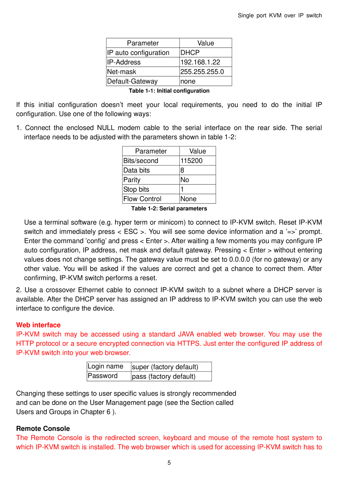 Avocent Single port KVM over IP switch user manual Dhcp, Remote Console 