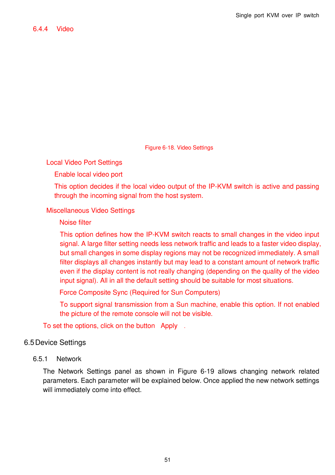 Avocent Single port KVM over IP switch user manual Device Settings, Network 