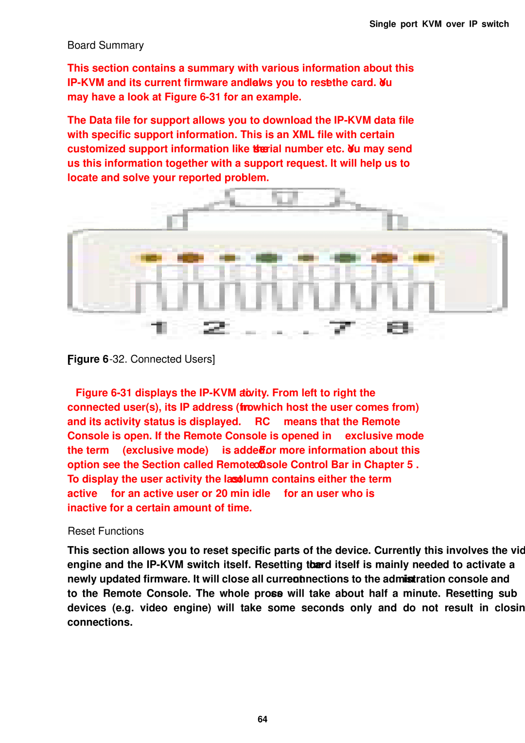 Avocent Single port KVM over IP switch user manual Board Summary, Reset Functions 