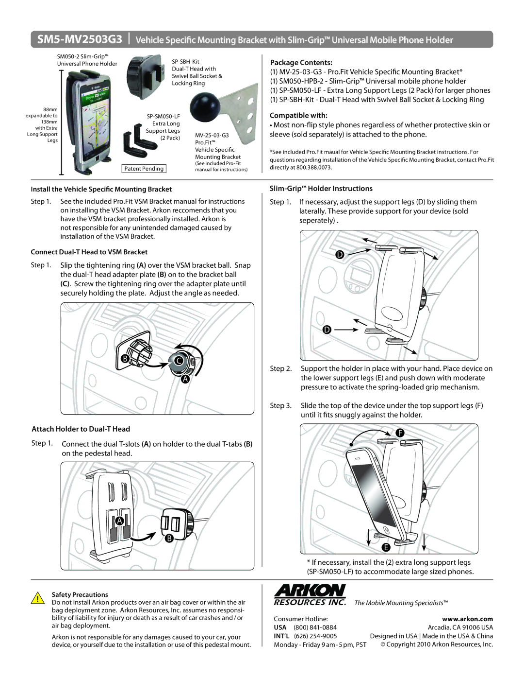 Avocent SM5-MV2503G3 manual Package Contents, Compatible with, Attach Holder to Dual-T Head, Slim-Grip Holder Instructions 