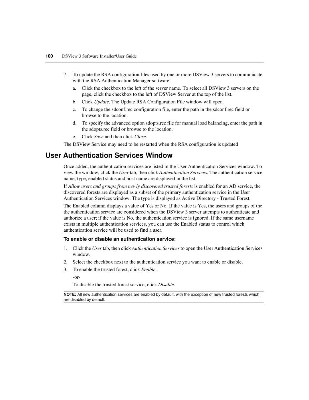 Avocent SPC420 manual User Authentication Services Window, To enable or disable an authentication service 