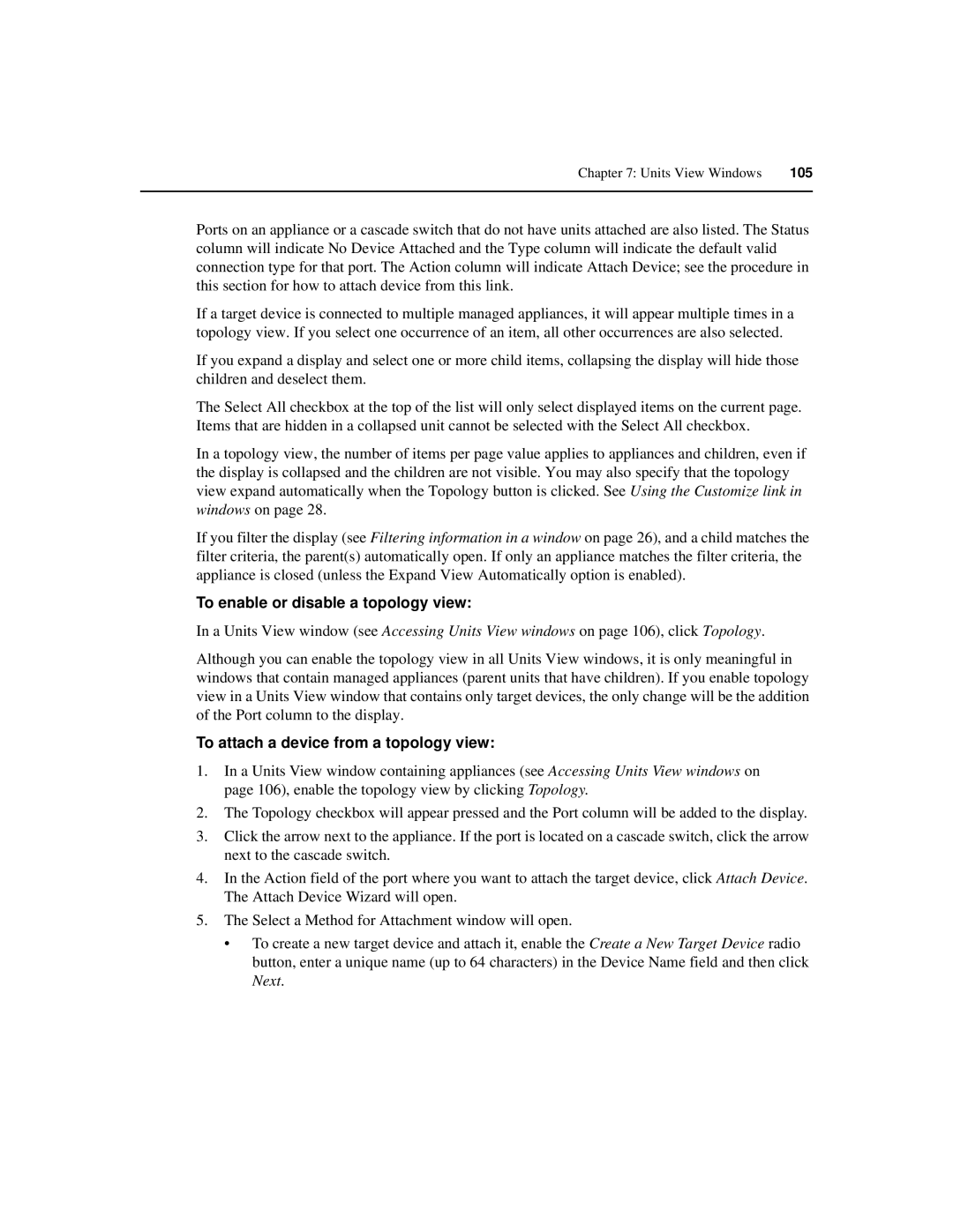 Avocent SPC420 manual To enable or disable a topology view, To attach a device from a topology view 