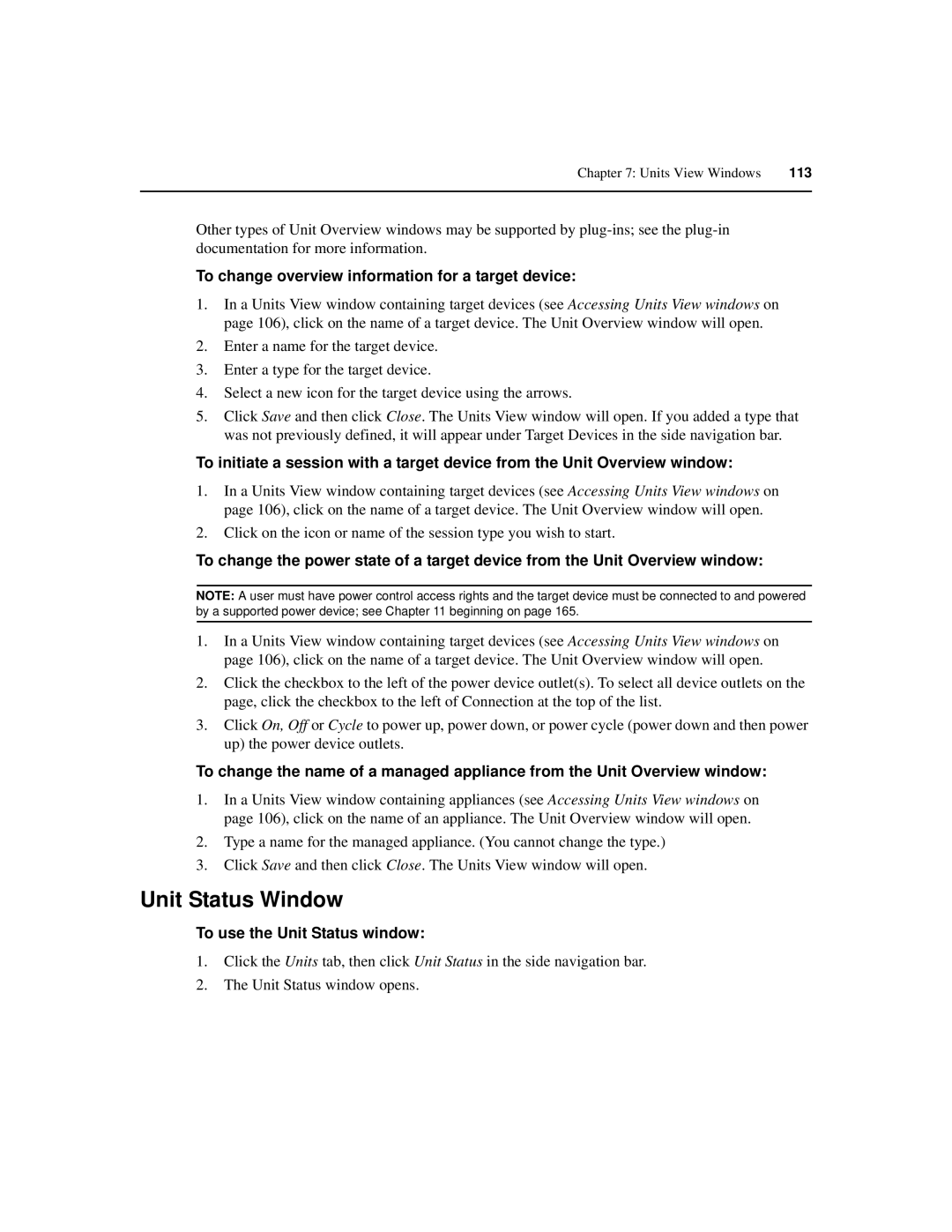 Avocent SPC420 manual Unit Status Window, To change overview information for a target device, To use the Unit Status window 