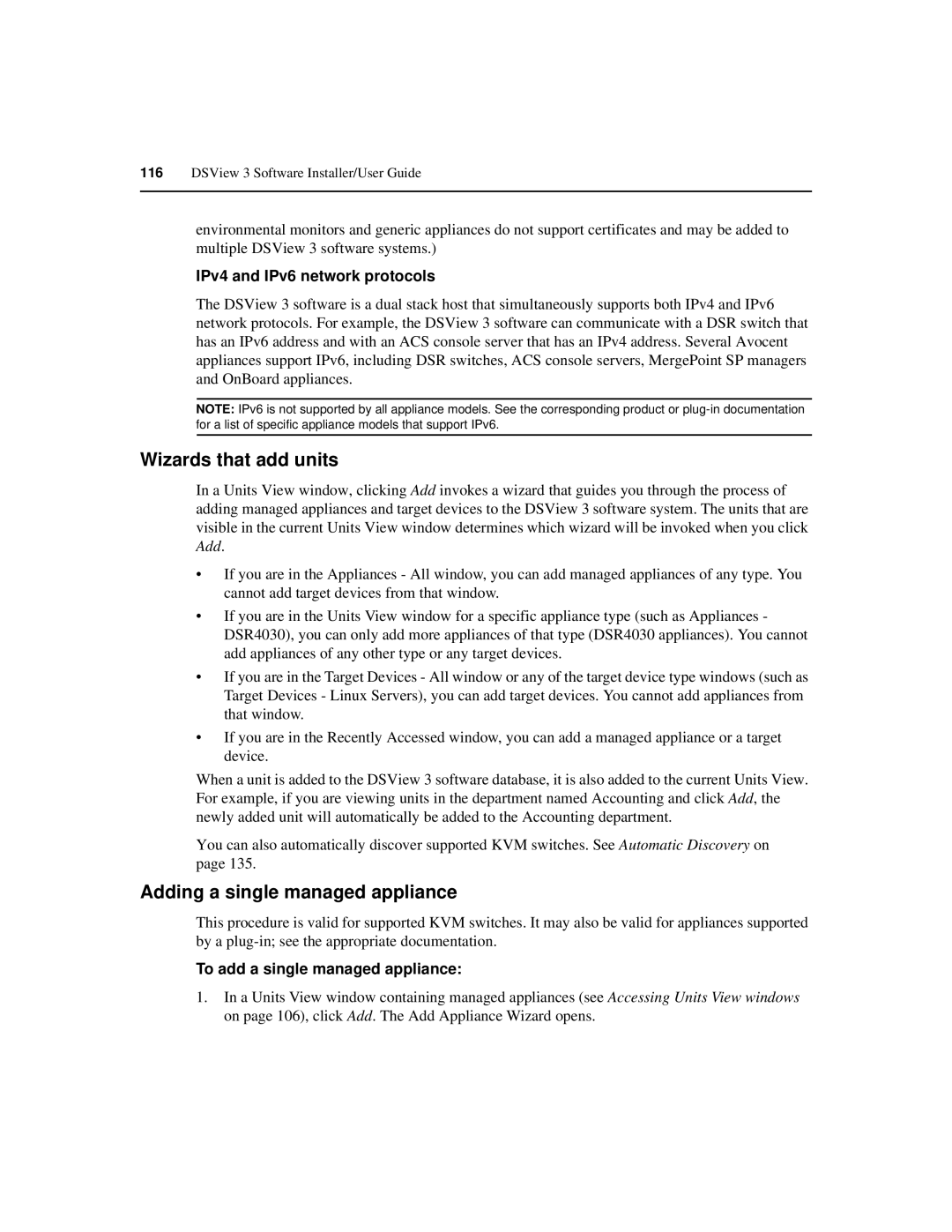 Avocent SPC420 manual Wizards that add units, Adding a single managed appliance, IPv4 and IPv6 network protocols 