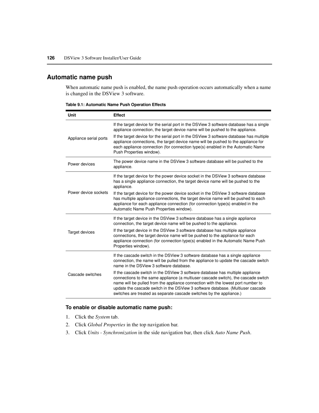 Avocent SPC420 Automatic name push, To enable or disable automatic name push, Automatic Name Push Operation Effects Unit 