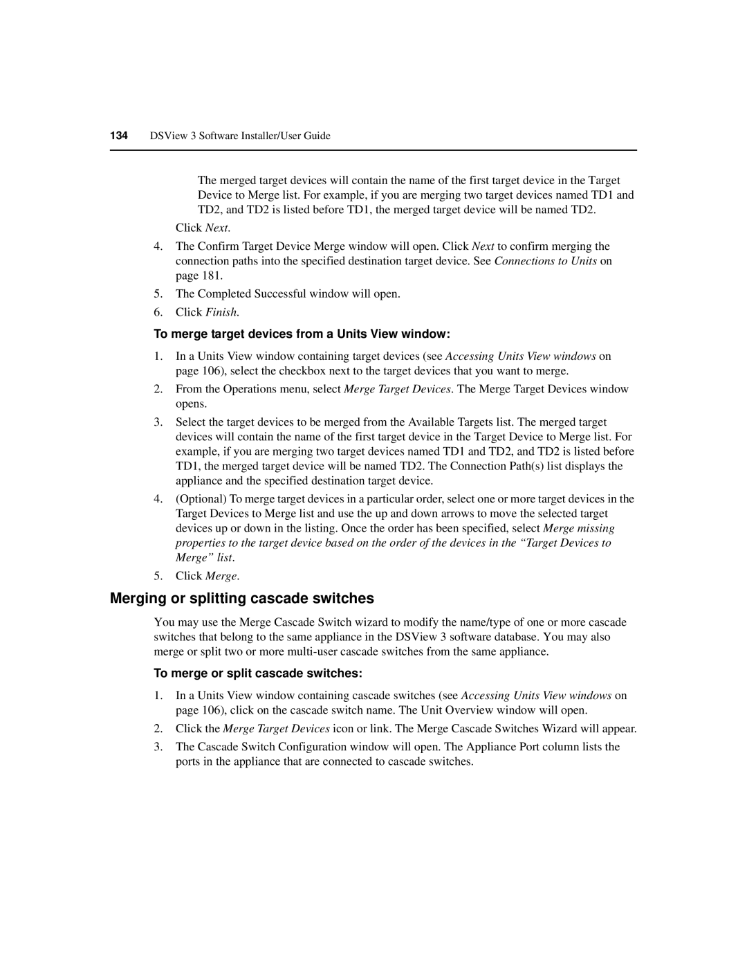 Avocent SPC420 manual Merging or splitting cascade switches, To merge or split cascade switches 