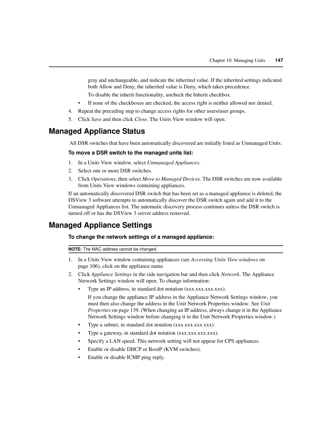 Avocent SPC420 manual Managed Appliance Status, Managed Appliance Settings, To move a DSR switch to the managed units list 