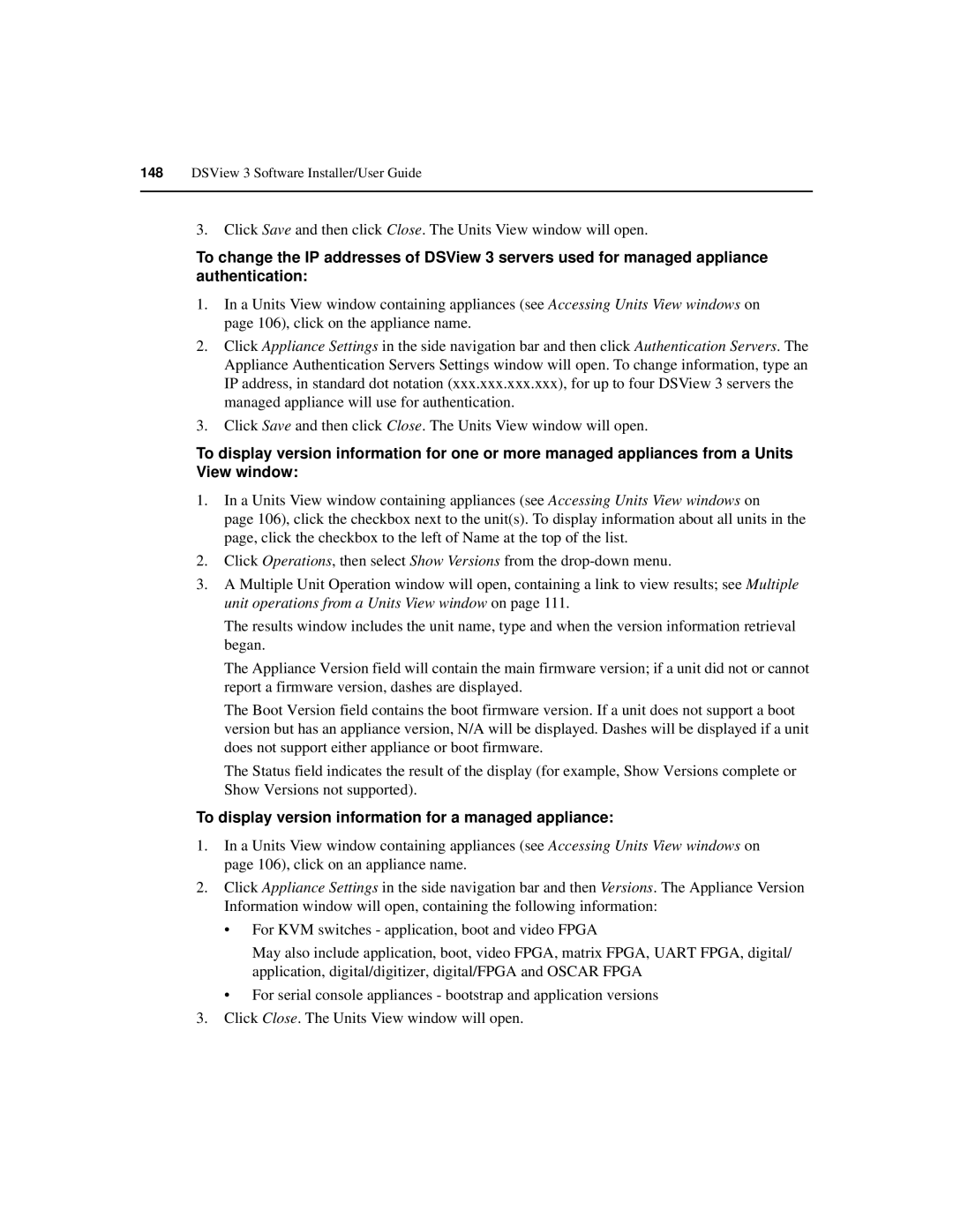 Avocent SPC420 manual To display version information for a managed appliance 