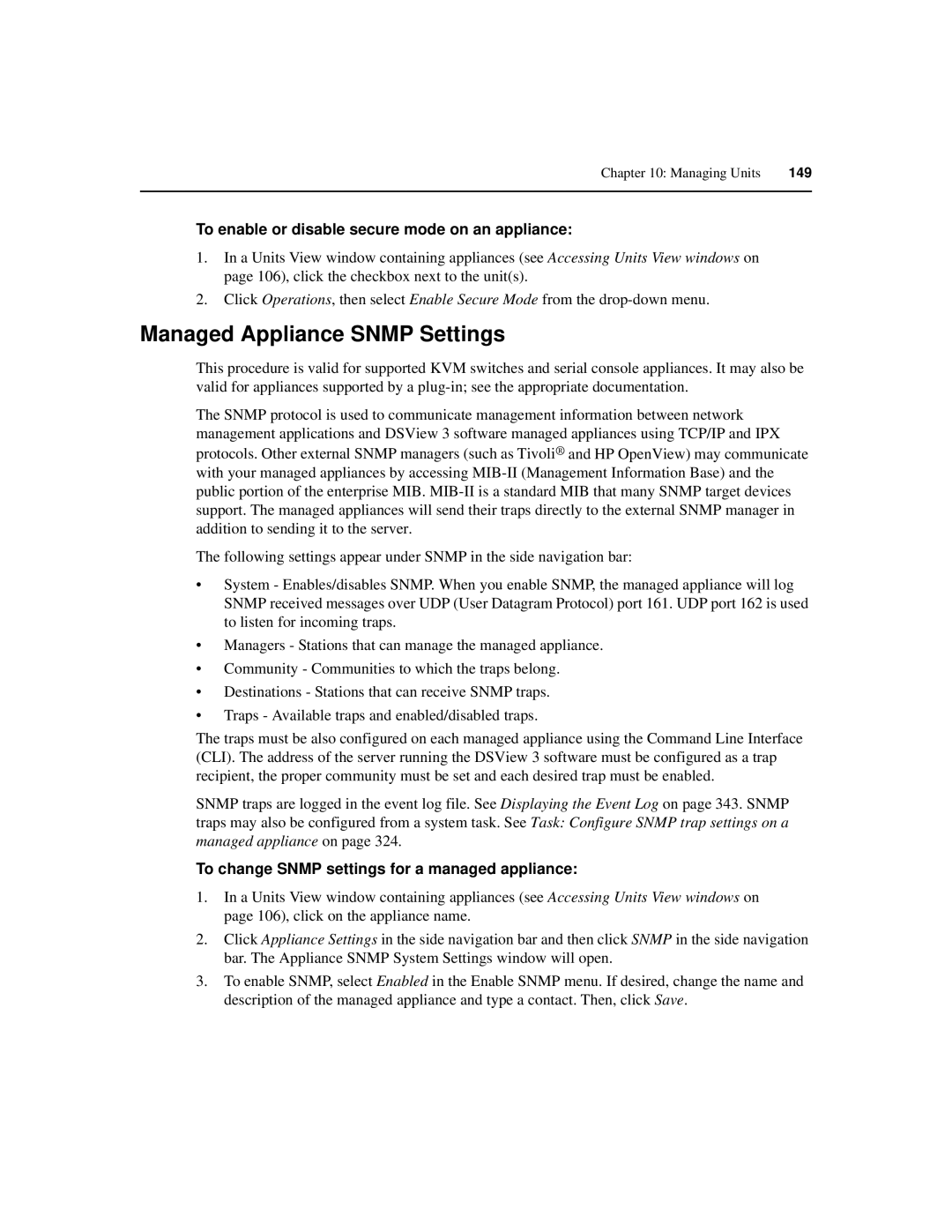 Avocent SPC420 manual Managed Appliance Snmp Settings, To enable or disable secure mode on an appliance 