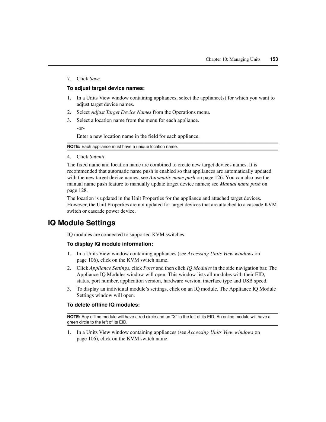 Avocent SPC420 manual IQ Module Settings, To adjust target device names, To display IQ module information 