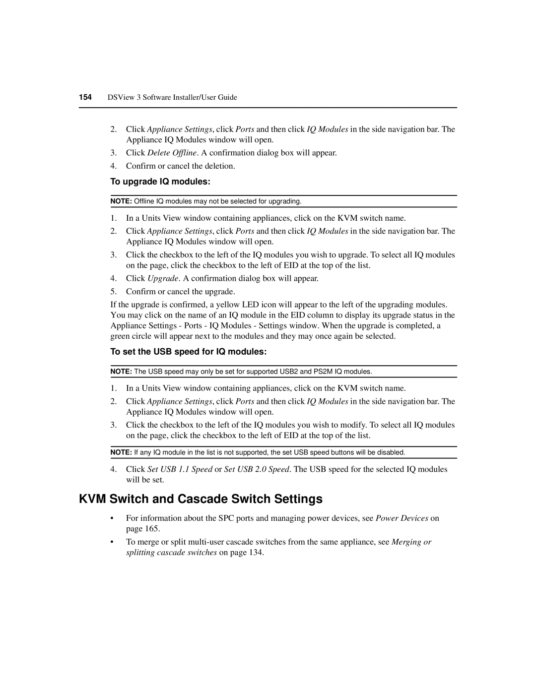 Avocent SPC420 manual KVM Switch and Cascade Switch Settings, To upgrade IQ modules, To set the USB speed for IQ modules 