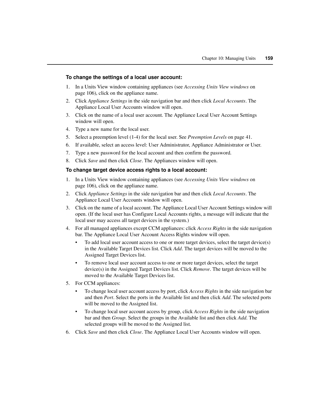 Avocent SPC420 To change the settings of a local user account, To change target device access rights to a local account 