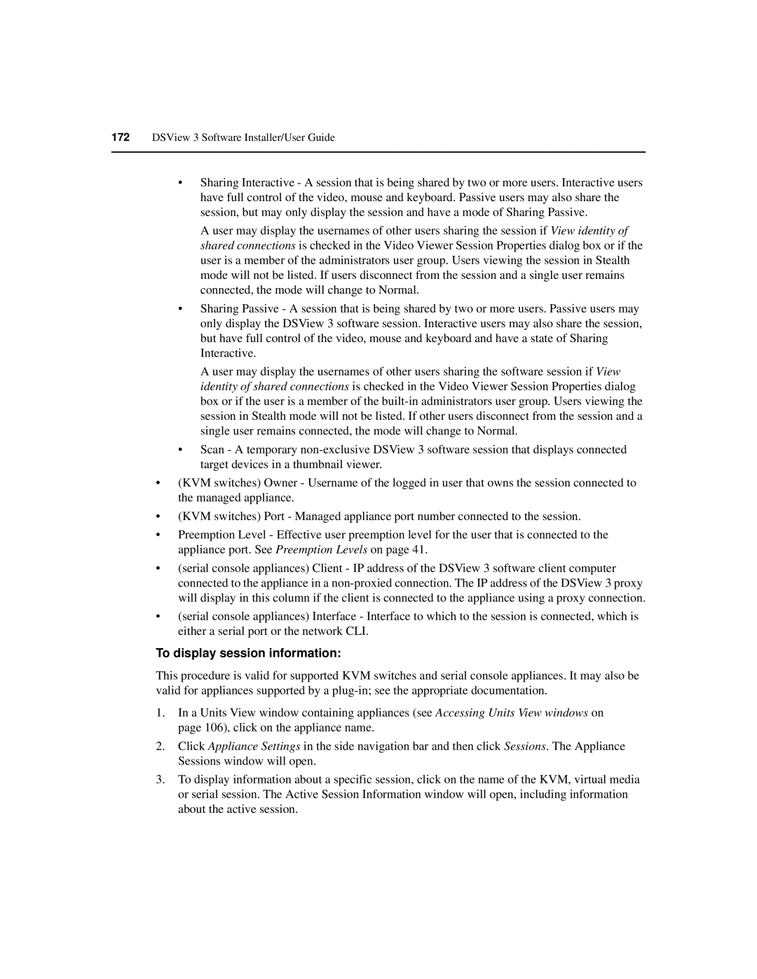 Avocent SPC420 manual To display session information 