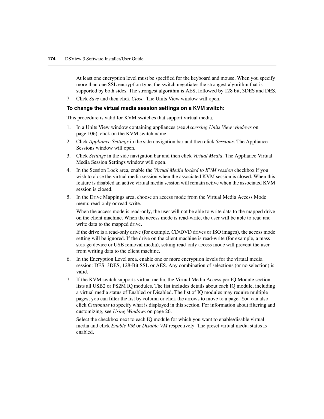 Avocent SPC420 manual To change the virtual media session settings on a KVM switch 