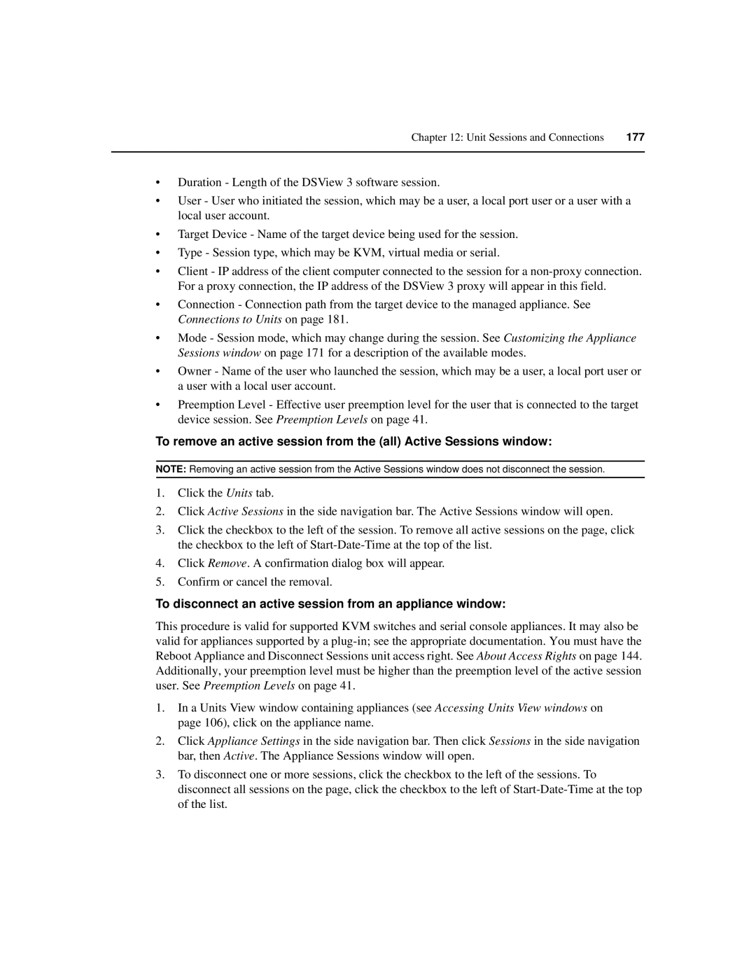 Avocent SPC420 manual To disconnect an active session from an appliance window 