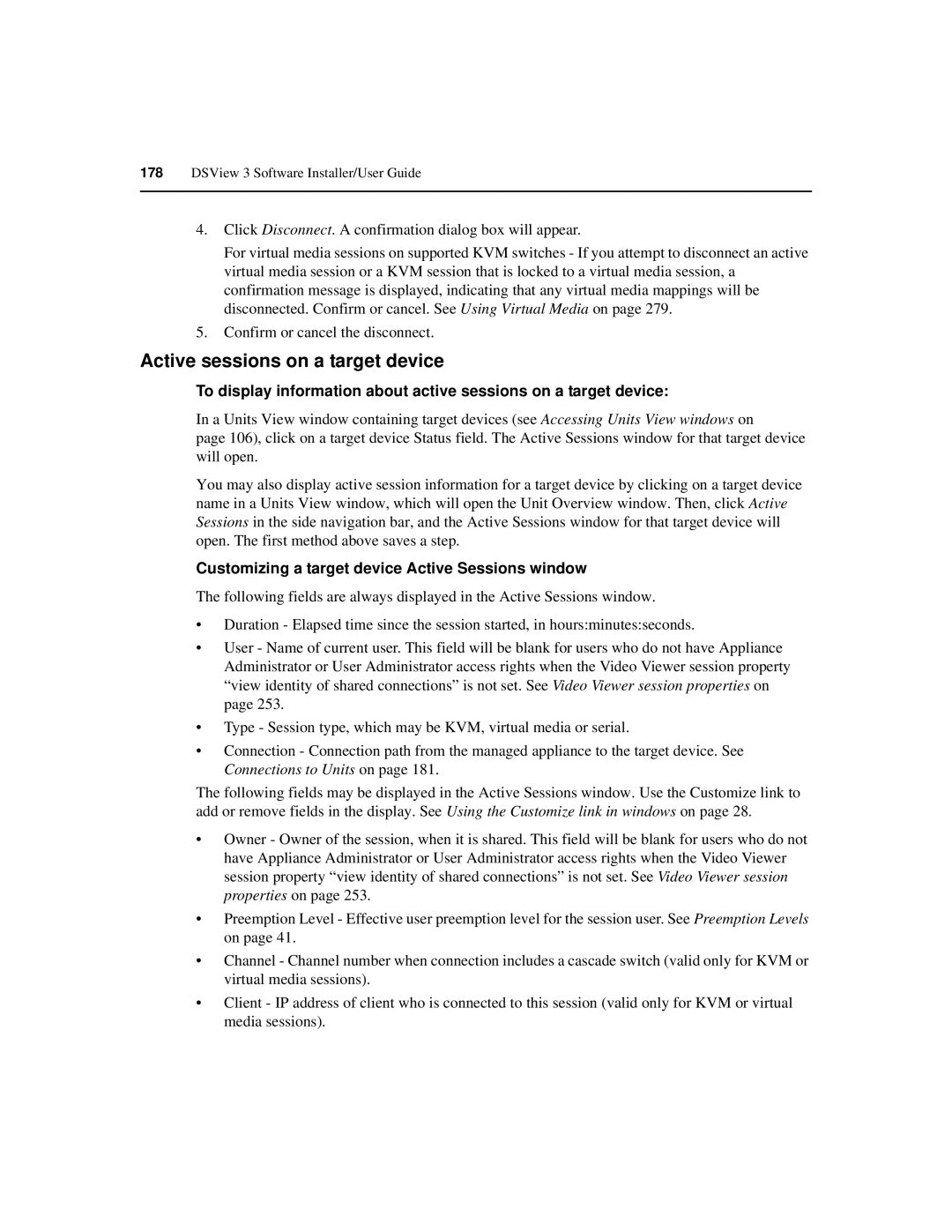 Avocent SPC420 manual Active sessions on a target device, Customizing a target device Active Sessions window 