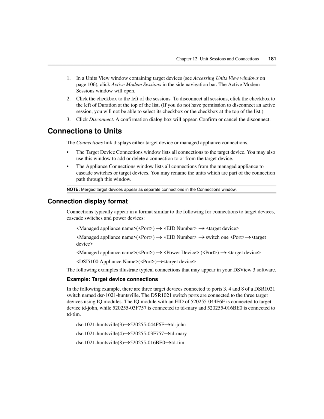 Avocent SPC420 manual Connections to Units, Connection display format, Example Target device connections 