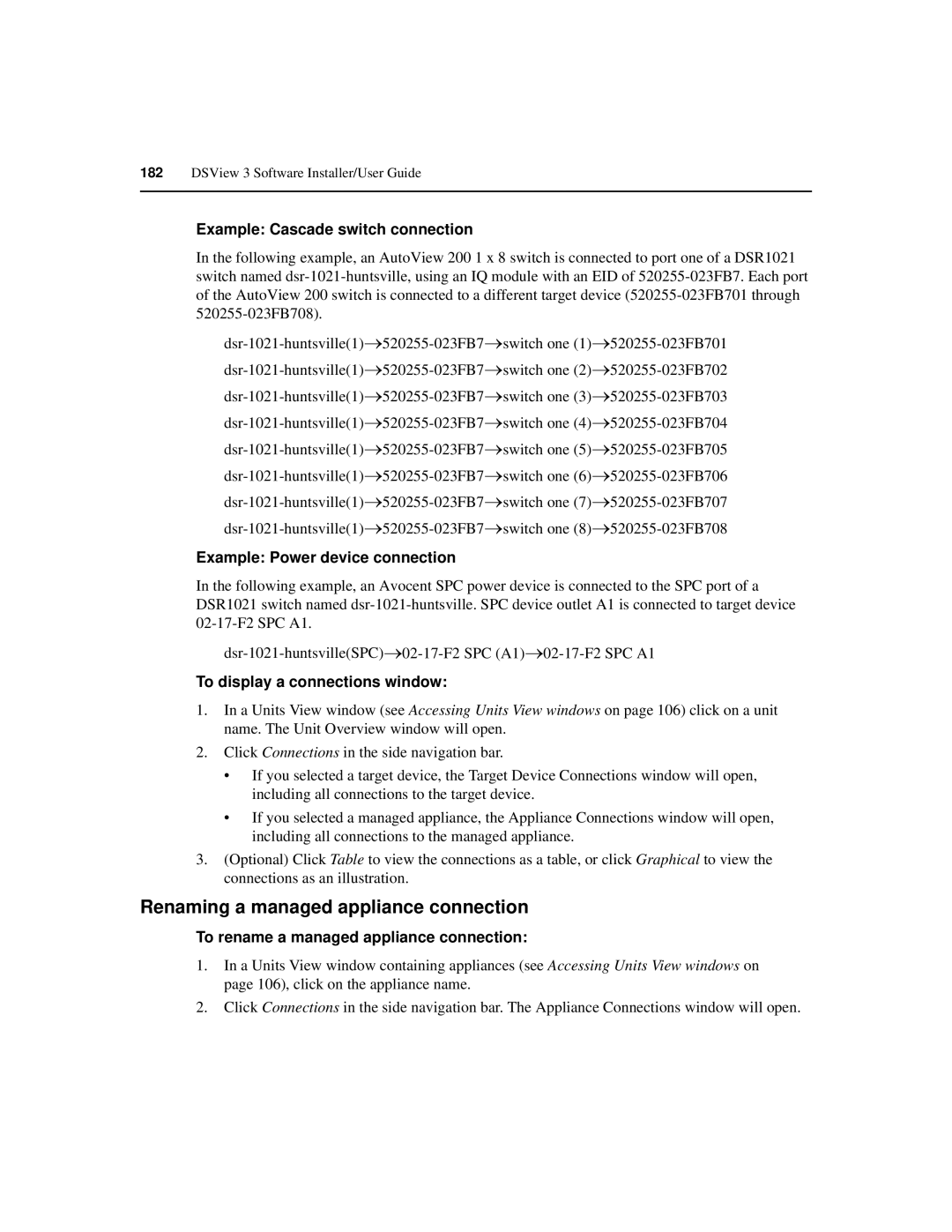 Avocent SPC420 Renaming a managed appliance connection, Example Cascade switch connection, Example Power device connection 