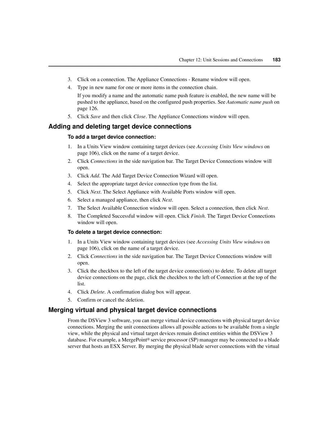 Avocent SPC420 manual Adding and deleting target device connections, Merging virtual and physical target device connections 