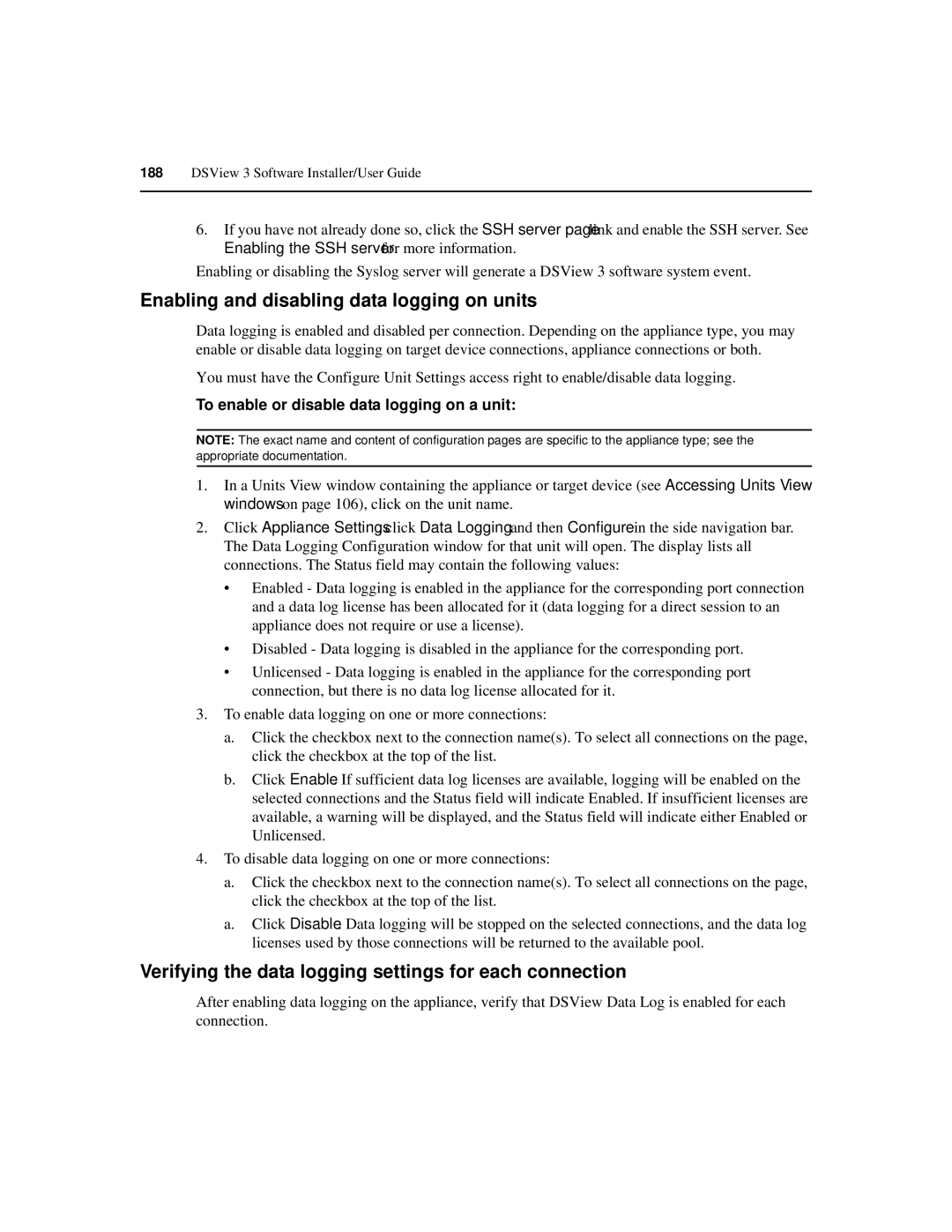 Avocent SPC420 manual Enabling and disabling data logging on units, Verifying the data logging settings for each connection 