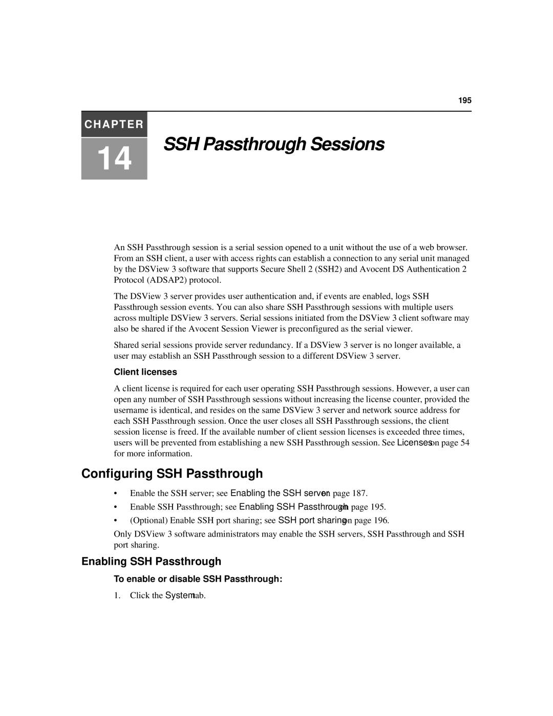 Avocent SPC420 manual SSH Passthrough Sessions, Configuring SSH Passthrough, Enabling SSH Passthrough, Client licenses 